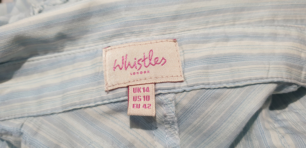 WHISTLES Pale Blue & White Cotton Blend Striped Collared Blouse Shirt Top UK14