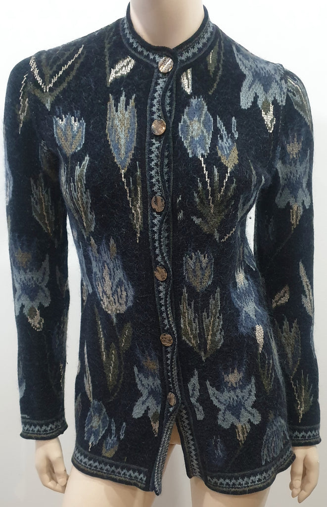 EMANUEL UNGARO PARALLELE Black & Multi Colour Floral Knitwear Cardigan Top S/M