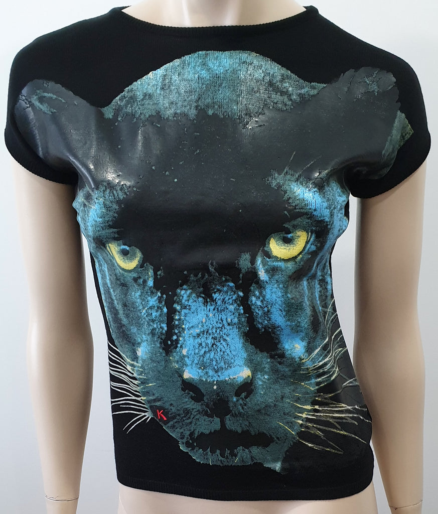KRIZIA MAGLIA Black Wool Multicolour Rubberised Cat Print Short Sleeve Jumper 42