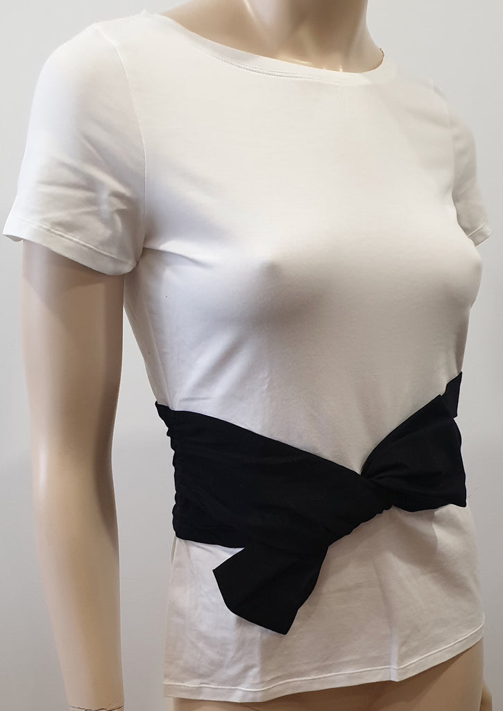 PAULE KA White Cotton Stretch Black Waist Bow Detail Short Sleeve T-Shirt Tee To