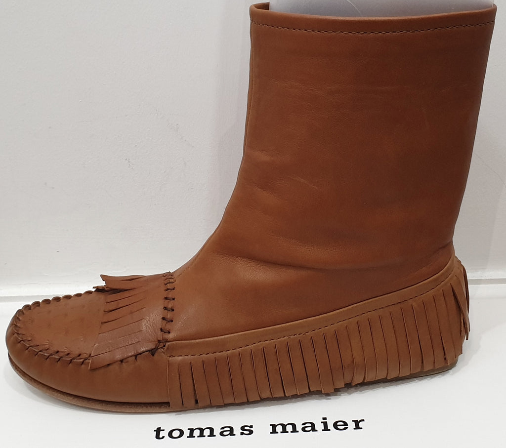 TOMAS MAIER Tan Leather Fringed Palm Tree Flat Moccasin Ankle Boots UK7.5 US10