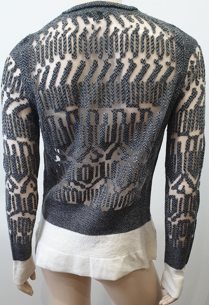 ALEXANDER WANG Grey Black Wool Sheer Detail Cream Trim Jumper Sweater Top L