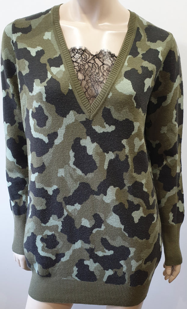 RED VALENTINO Green Black Virgin Wool Camouflage Lace Insert Jumper Sweater M