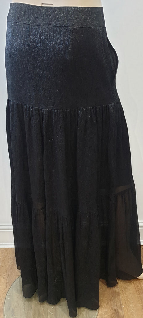 VILSHENKO Black Silk Metallic Sheen Pleated Boho Long Maxi Evening Skirt UK10