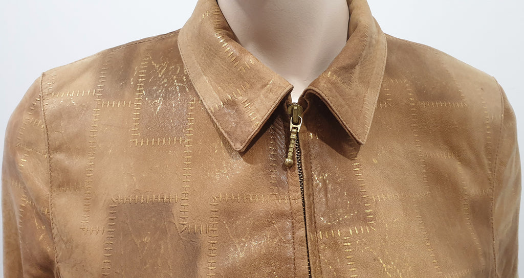BENET FURS Tan & Gold Detail Collared Zip Fastened Casual Leather Jacket 44 UK12