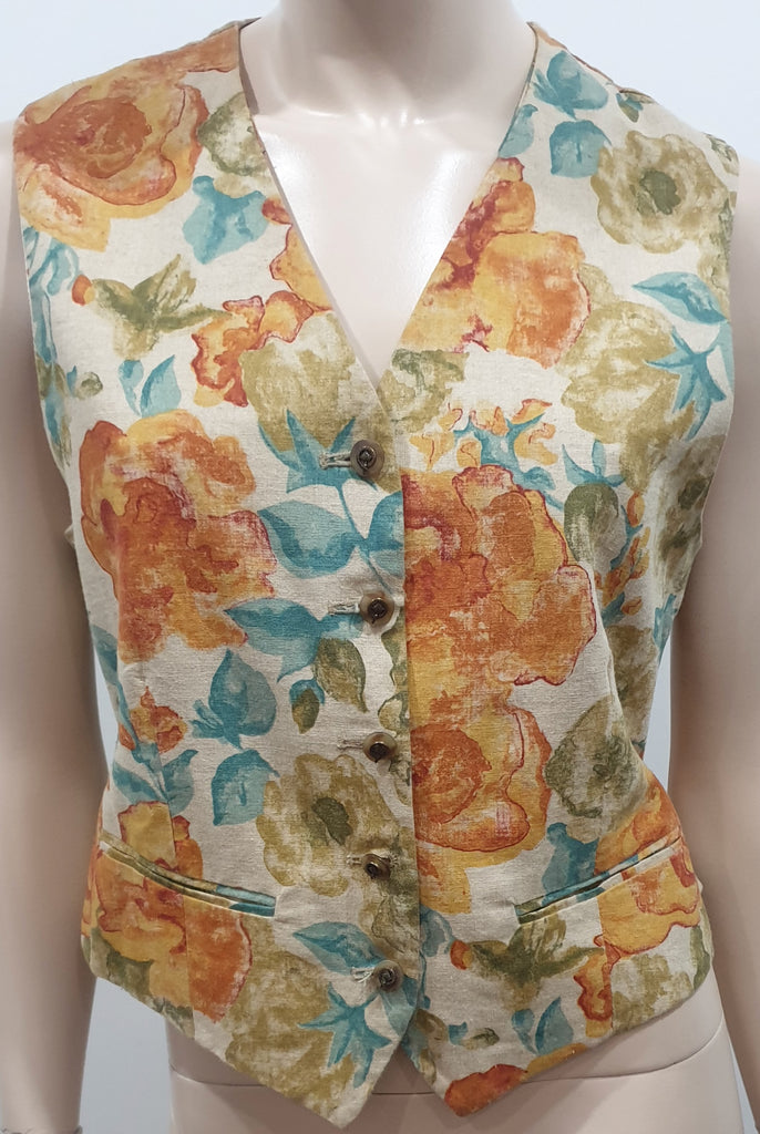 MULBERRY England Beige Linen Multicolour Floral Sleeveless Waistcoat Top UK12