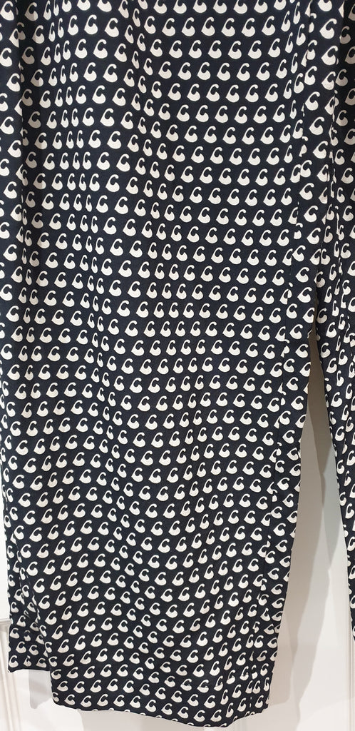 MARNI Navy Blue White Silk Geometric Print Wide Leg Crop Trousers Pants 44 UK12