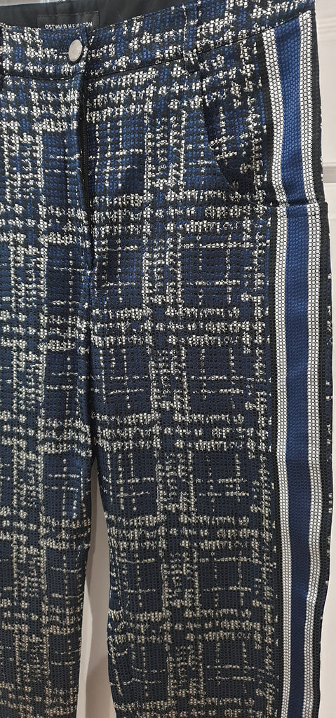 OSTWALD HELGASON Blue Black & White Geometric Pattern Cuffed Trousers Pants UK 8