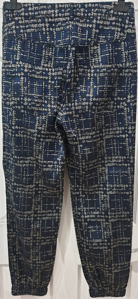 OSTWALD HELGASON Blue Black & White Geometric Pattern Cuffed Trousers Pants UK 8