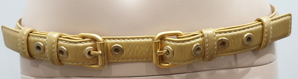ELIE SAAB Soft Matt Gold Leather Dual Gold Tone Hardware Buckle Slim Belt Sz:40P