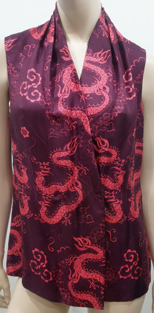 SHANGHAI TANG Burgundy Red Mulberry Silk Oriental Print Sleeveless Blouse Top 14