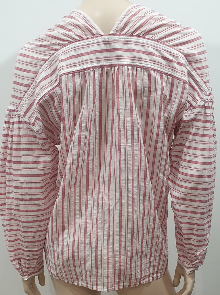 VINCE White Pink Red Striped 100% Cotton V Neck Long Sleeve Tunic Blouse Shirt S