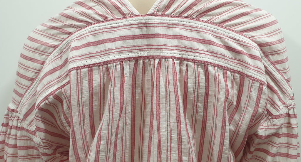 VINCE White Pink Red Striped 100% Cotton V Neck Long Sleeve Tunic Blouse Shirt S