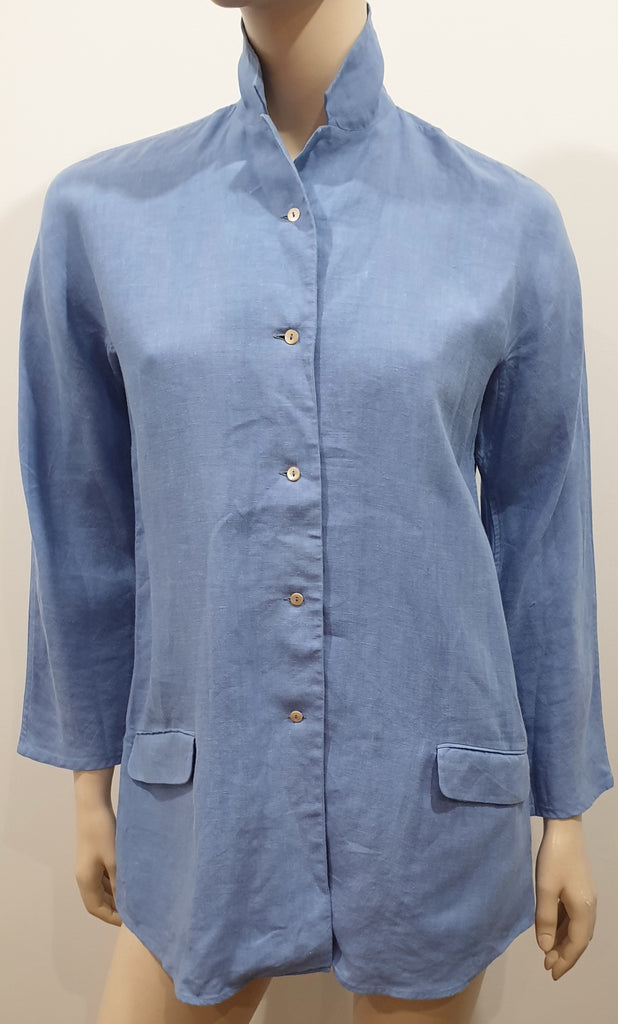 JIL SANDER Pale Blue Linen Collared Lower Pocket Long Sleeve Blouse Shirt Top 8