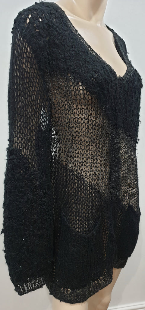 ACNE Black Grey Scoop Neck Long Sleeve Loose Sheer Chunky Knitwear Cardigan M