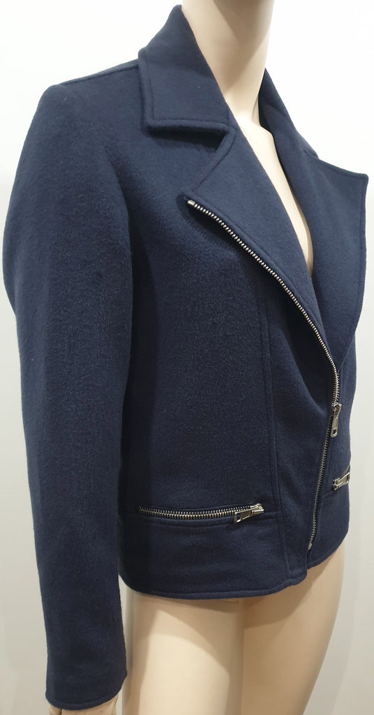RICHARD NICOLL Navy Blue Wool Blend Collared Silver Zipper Blazer Jacket UK8