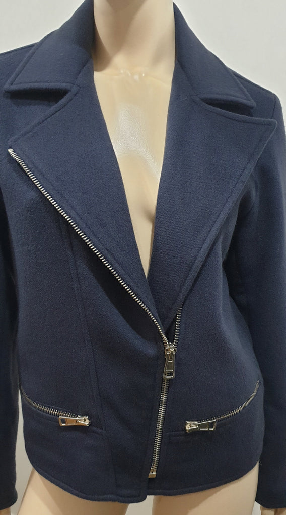 RICHARD NICOLL Navy Blue Wool Blend Collared Silver Zipper Blazer Jacket UK8