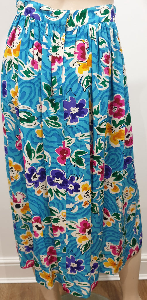 RICKIE FREEMAN FOR TERI JON Blue & Multi Colour Silk Jacket & Skirt Suit 6 UK10