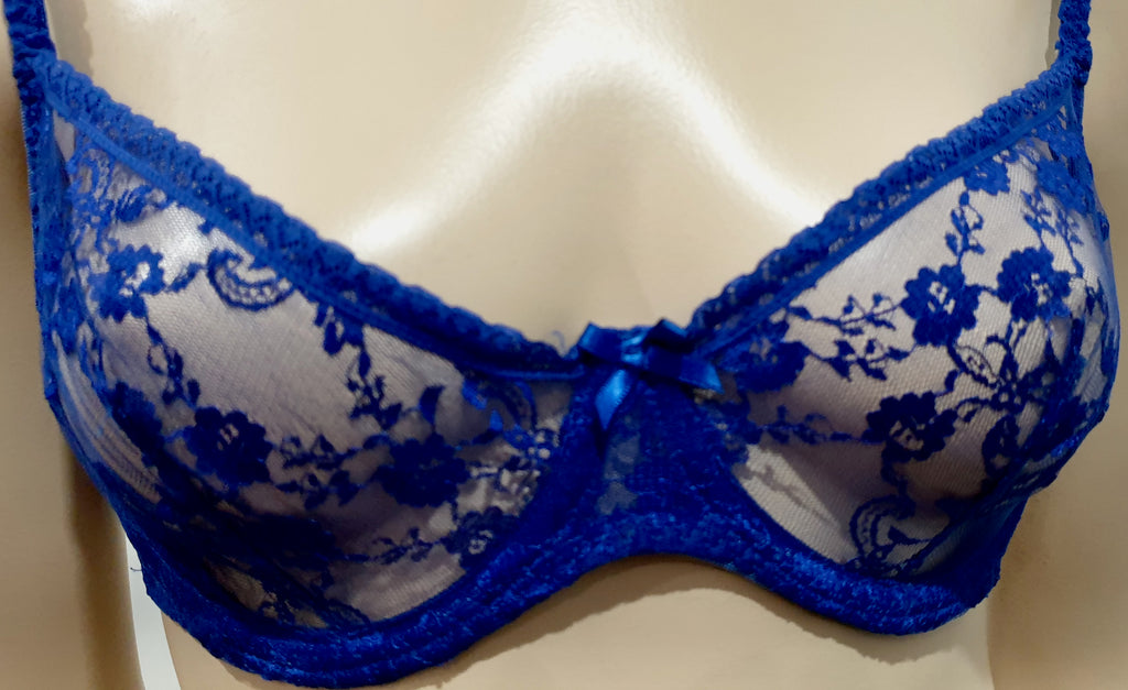 AGENT PROVOCATEUR Royal Blue Sheer Floral Lace Underwired Balconette Bra 34D