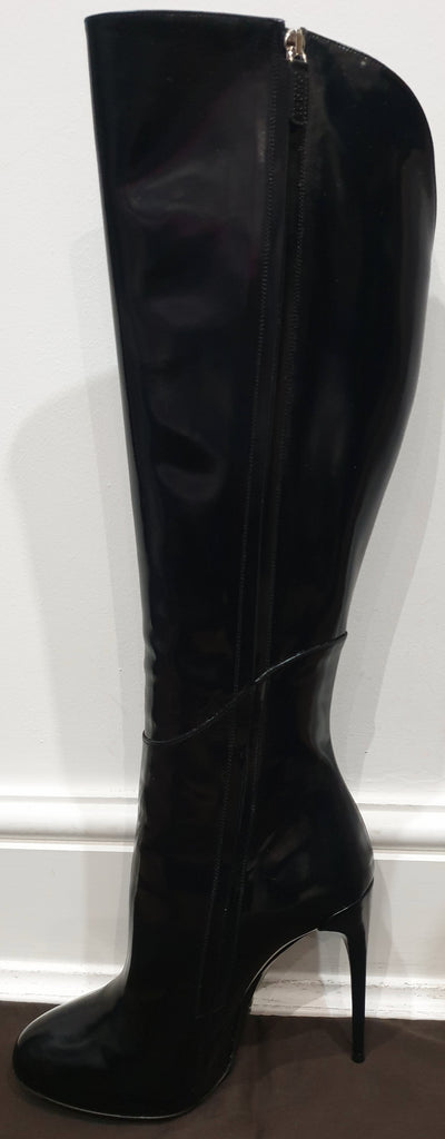 GUCCI Black Shined Patent Leather Zipper Fastened Tall High Stiletto Heel Boots