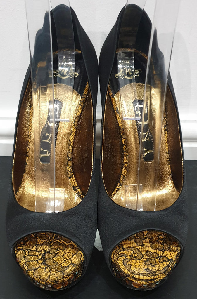 GINA BLACK Satin FANTASY SAFFRON LACE Peep Toe Platform High Sandals Shoes
