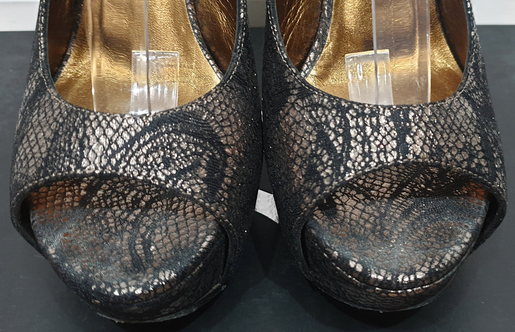 GINA Black Gold Metallic DALLAS Fabric Peep Toe Platform High Sandals Shoes 4.5