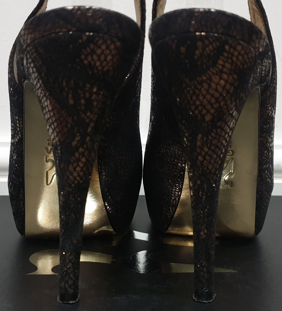 GINA Black Gold Metallic DALLAS Fabric Peep Toe Platform High Sandals Shoes 4.5