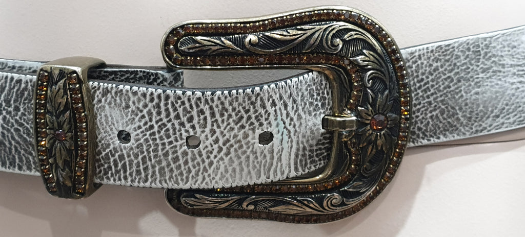 JOSEPH Matt Silver Grey Chunky Silver Tone Jewelled Buckle Leather Belt 34/85