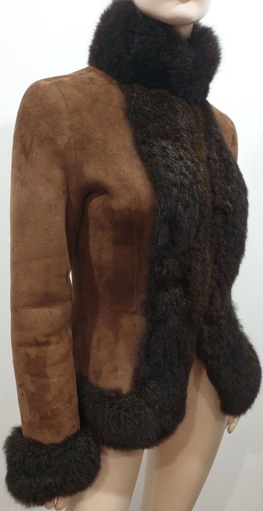 RALPH LAUREN BLACK LABEL Brown Sheepskin Fur Trim High Neck Jacket Top UK8
