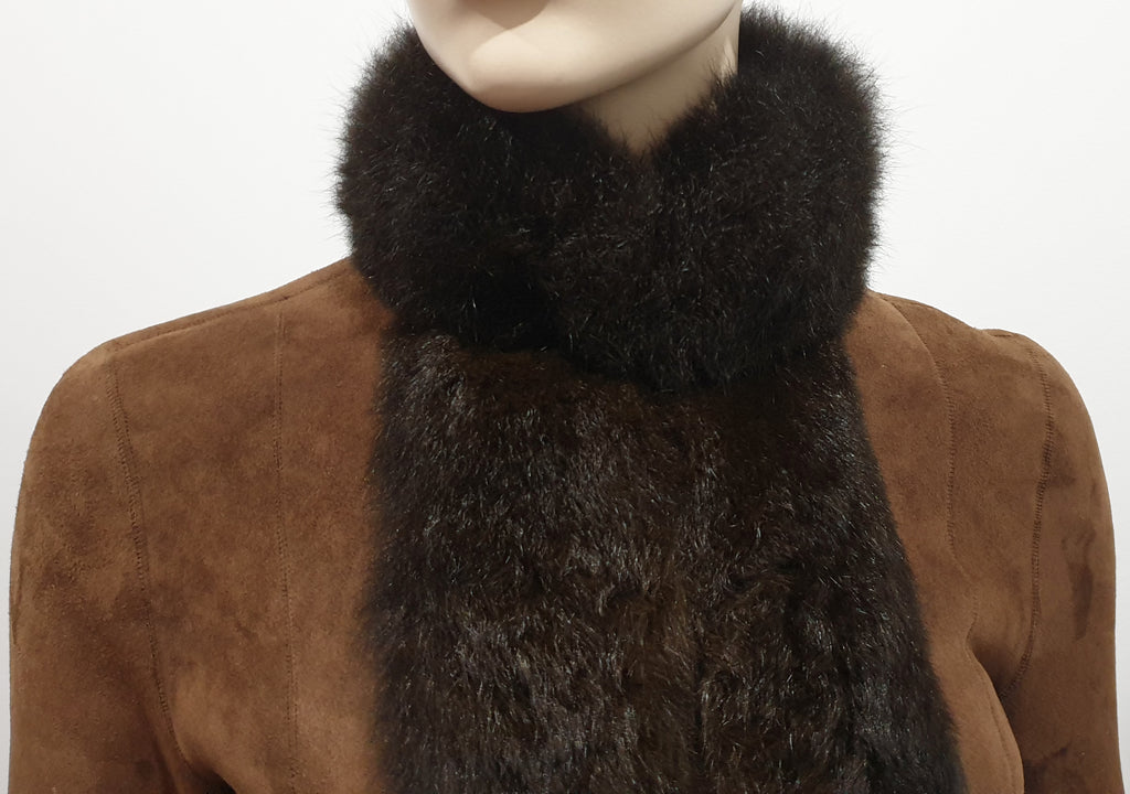 RALPH LAUREN BLACK LABEL Brown Sheepskin Fur Trim High Neck Jacket Top UK8