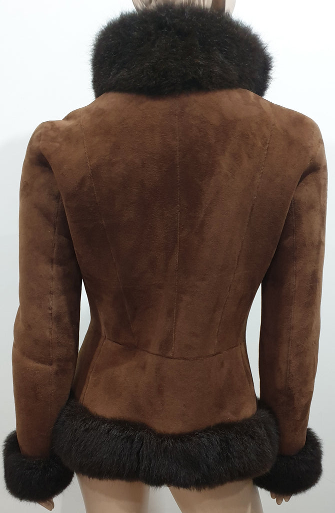 RALPH LAUREN BLACK LABEL Brown Sheepskin Fur Trim High Neck Jacket Top UK8