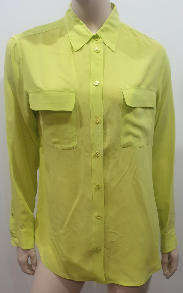 EQUIPMENT FEMME Lime Yellow 100% Silk Collared Long Sleeve Blouse Shirt Top S