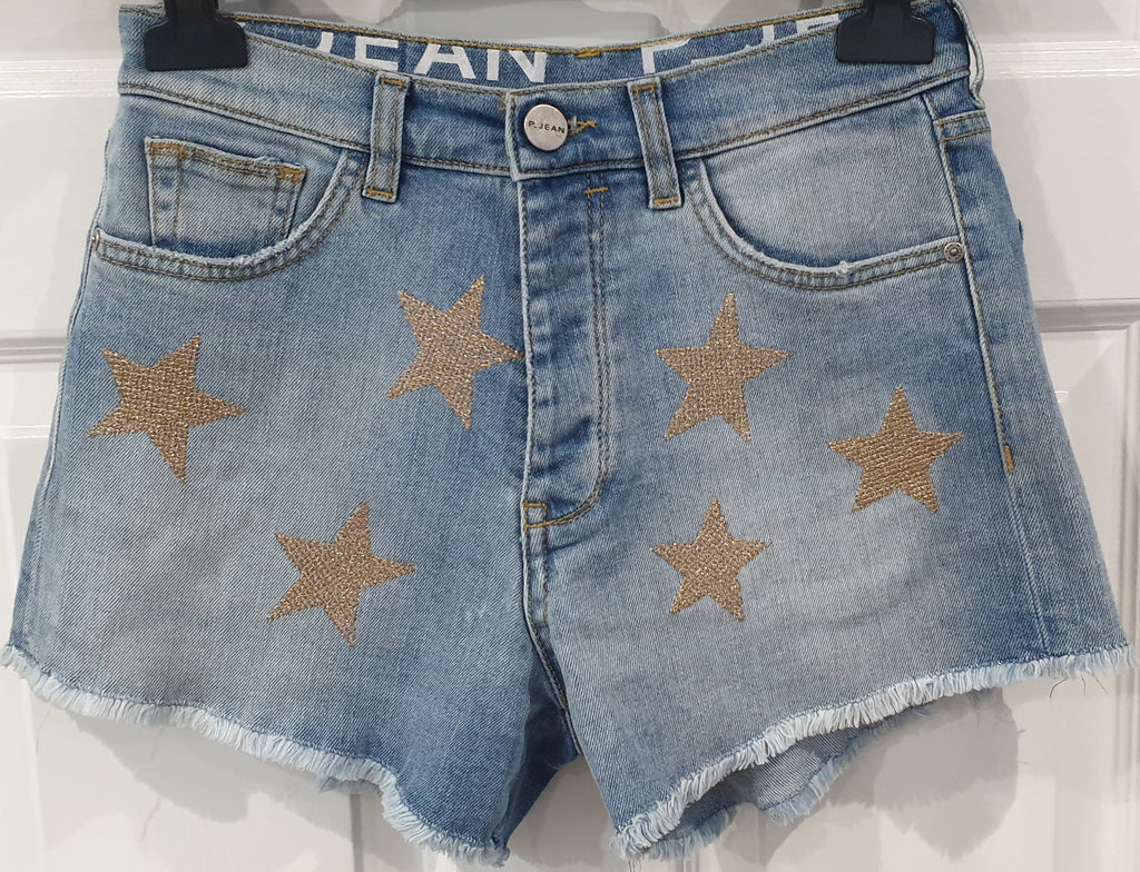 P JEANS Women's Blue Gold Metallic Stitched Star Detail Denim Hotpants Shorts 26