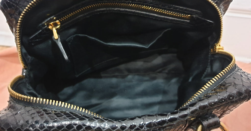MIU MIU Midnight Blue Black Python Gold Tone Pleat Hand Held Dual Handle Tote Bag