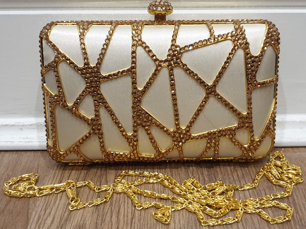 Designer Cream Satin Gold Crystal Embellished Evening Clutch Shoulder Bag Purse