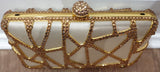 Designer Cream Satin Gold Crystal Embellished Evening Clutch Shoulder Bag Purse