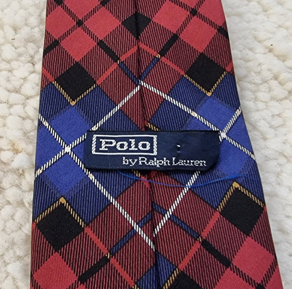 POLO RALPH LAUREN Menswear Burgundy Red & Blue Silk Check Plaid Dog Print Tie