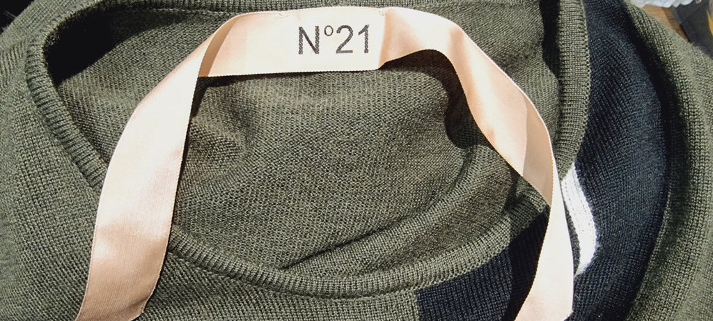 NO 21 Olive Green Wool Black & White Stripe Knitwear Long Sleeve Jumper Sweater