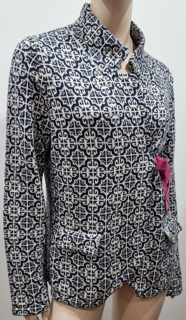 ODD MOLLY Navy Blue & White Cotton Geometric Pattern Knitwear Blazer Jacket 3/L