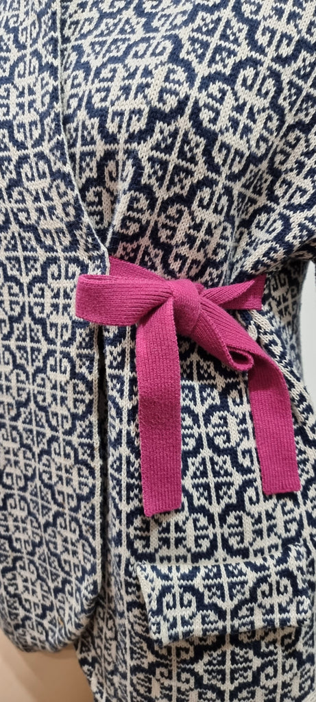 ODD MOLLY Navy Blue & White Cotton Geometric Pattern Knitwear Blazer Jacket 3/L