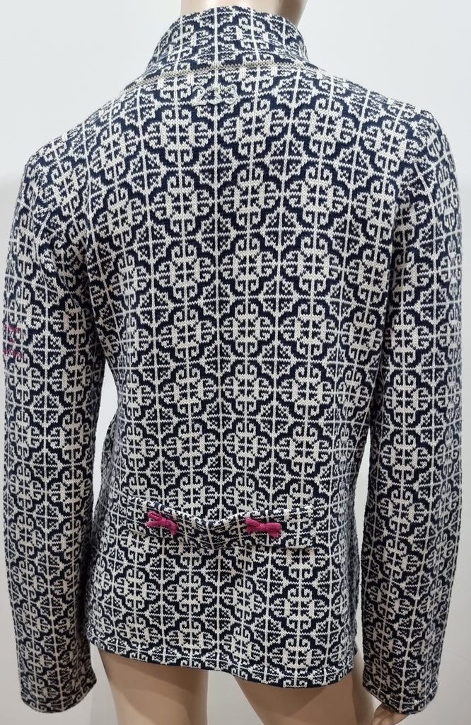 ODD MOLLY Navy Blue & White Cotton Geometric Pattern Knitwear Blazer Jacket 3/L