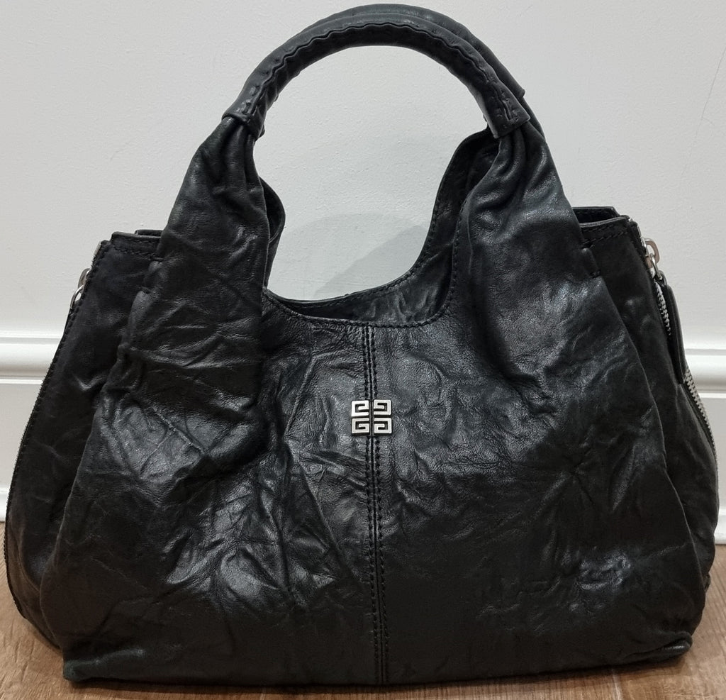 GIVENCHY Black Wrinkled Leather Branded Silver Side Zipper Expandable Tote Bag