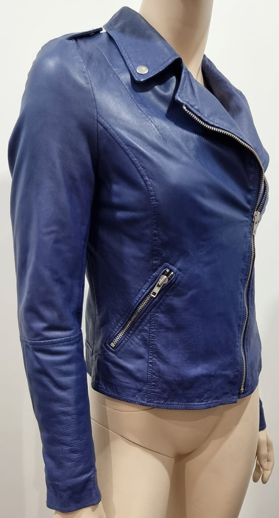 MUUBAA Blue Leather Collared Silver Tone Zipper Fastened Lined Biker Jacket UK8