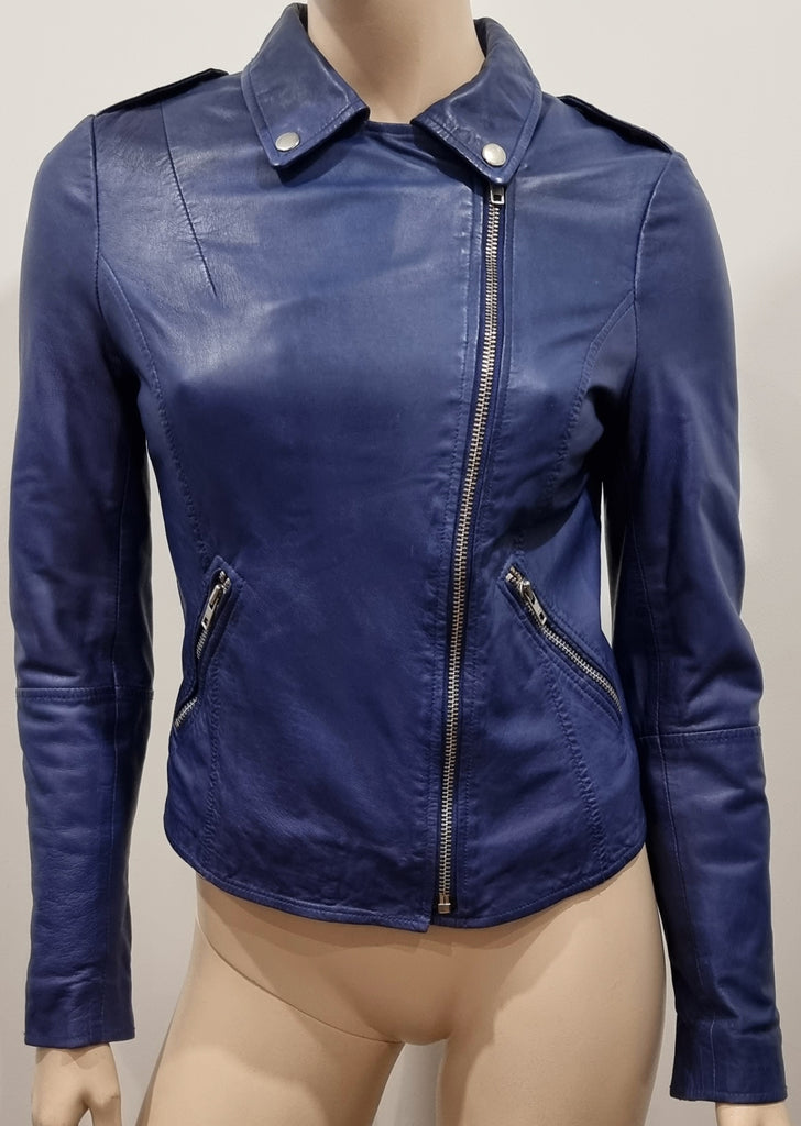 MUUBAA Blue Leather Collared Silver Tone Zipper Fastened Lined Biker Jacket UK8