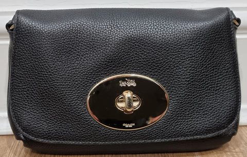 TORY BURCH Black Pebbled Leather Gold Tone Branded Flap Over Shoulder Bag
