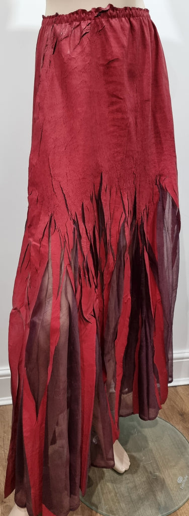 YOSHIKI HISHINUMA Deep Red & Purple Mesh Elastic Waist Crackled Long Maxi Skirt