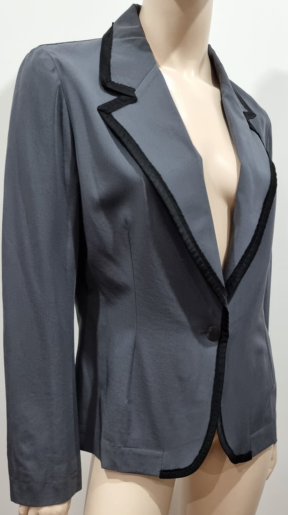LANVIN Women's Grey 100% Wool Black Trim Formal Tailored Blazer Jacket 42 UK12