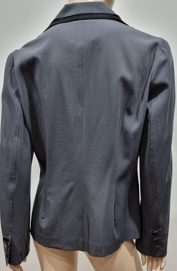 LANVIN Women's Grey 100% Wool Black Trim Formal Tailored Blazer Jacket 42 UK12