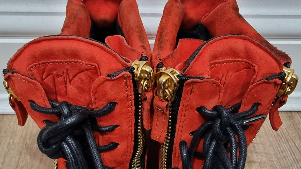 GIUSEPPE ZANOTTI Orangey Red Suede Zipper & Lace Fasten Hiden Wedge Sneakers