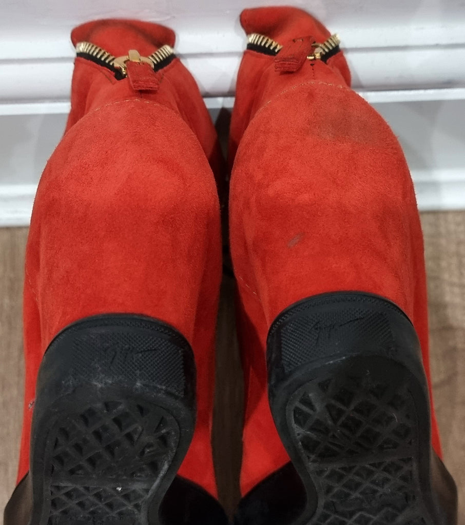 GIUSEPPE ZANOTTI Orangey Red Suede Zipper & Lace Fasten Hiden Wedge Sneakers